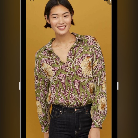 H&M Tops - H&M x William Morris burgundy floral button down collar missing size tag L XL 14